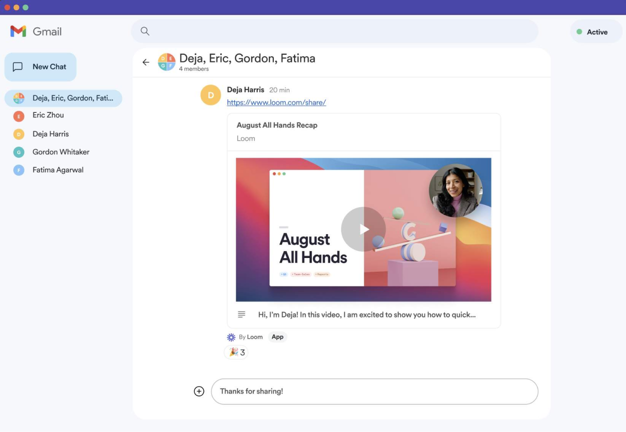 An email message in Gmail shows a pasted Loom video URL with an embedded video player in the message.