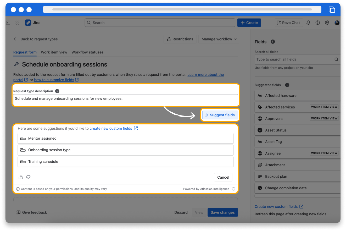 The request form page of Jira Service Management. There are a few suggestions of fields you can add to the request type.
