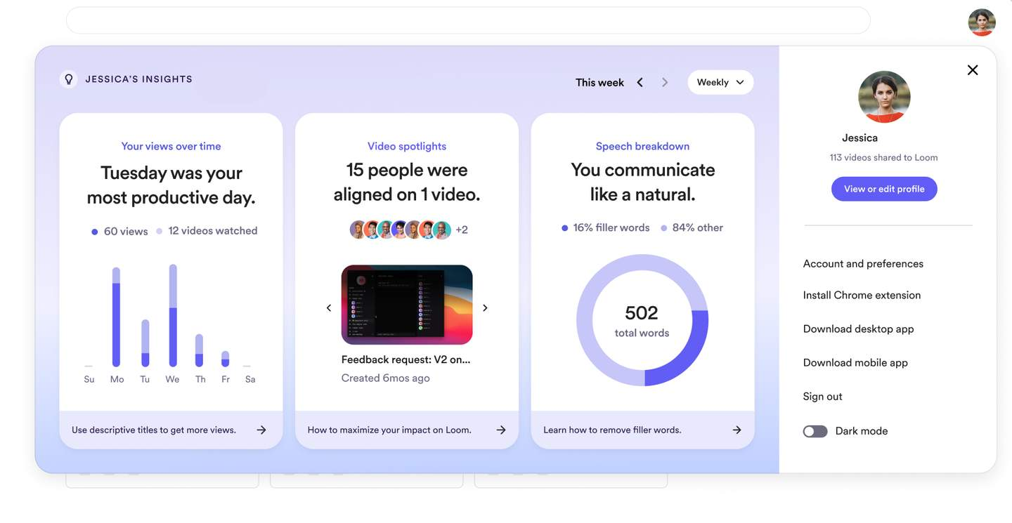 A Loom user Jessica's personal insights hub showing her video views over time, her most popular video, and her speech breakdown with percent filler words for this week.