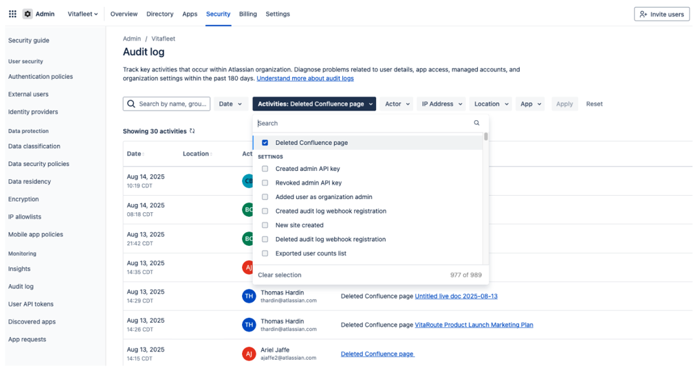 Edited Confluence page setting within dropdown
