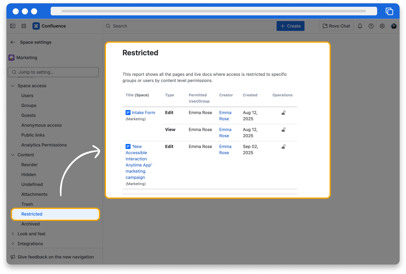 The restricted page of Space settings in Confluence. There are two pages visible from the marketing space that have various view and edit restrictions.