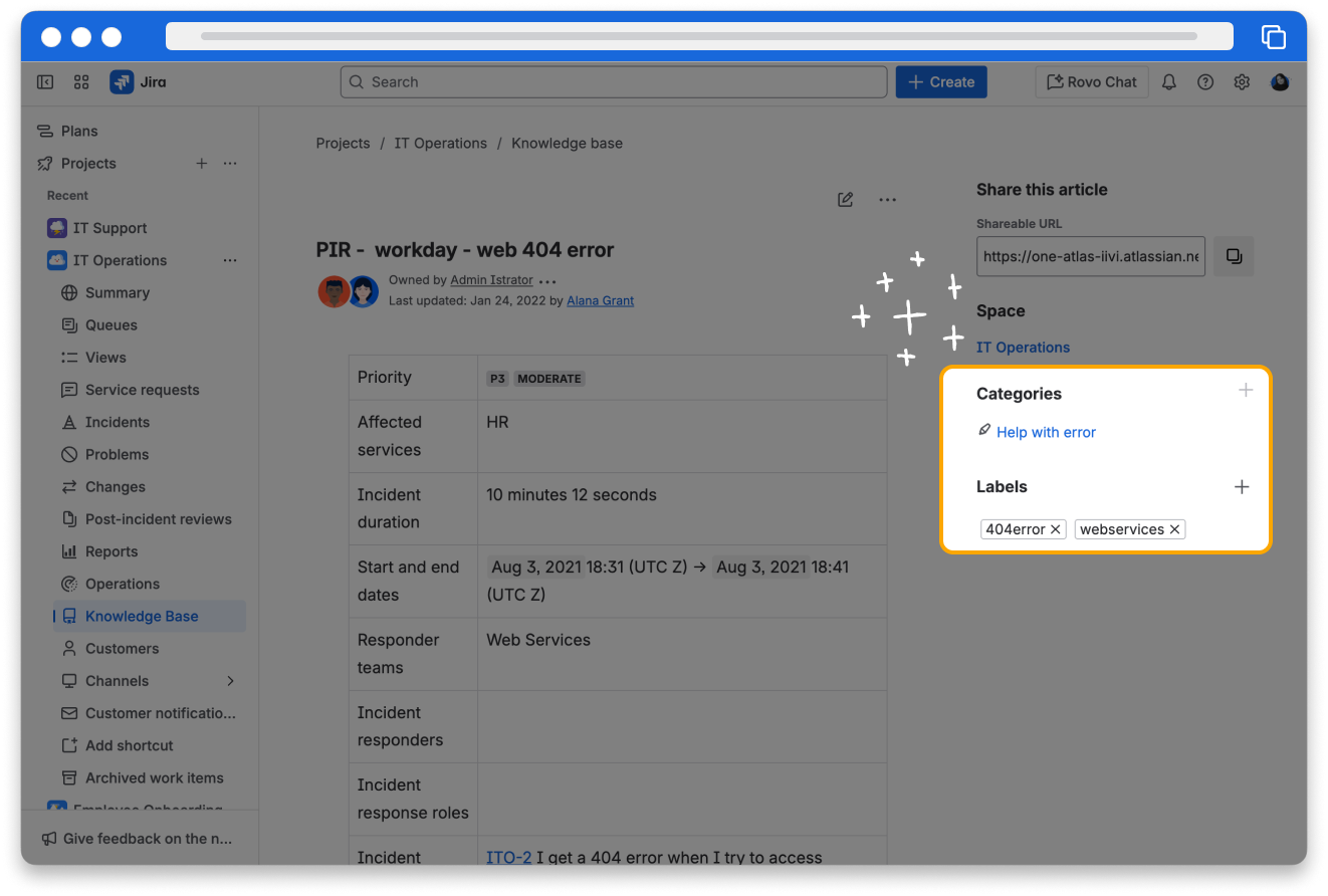 A knowledge base article. To the right a panel is displayed showing categories and labels assigned to the current article.