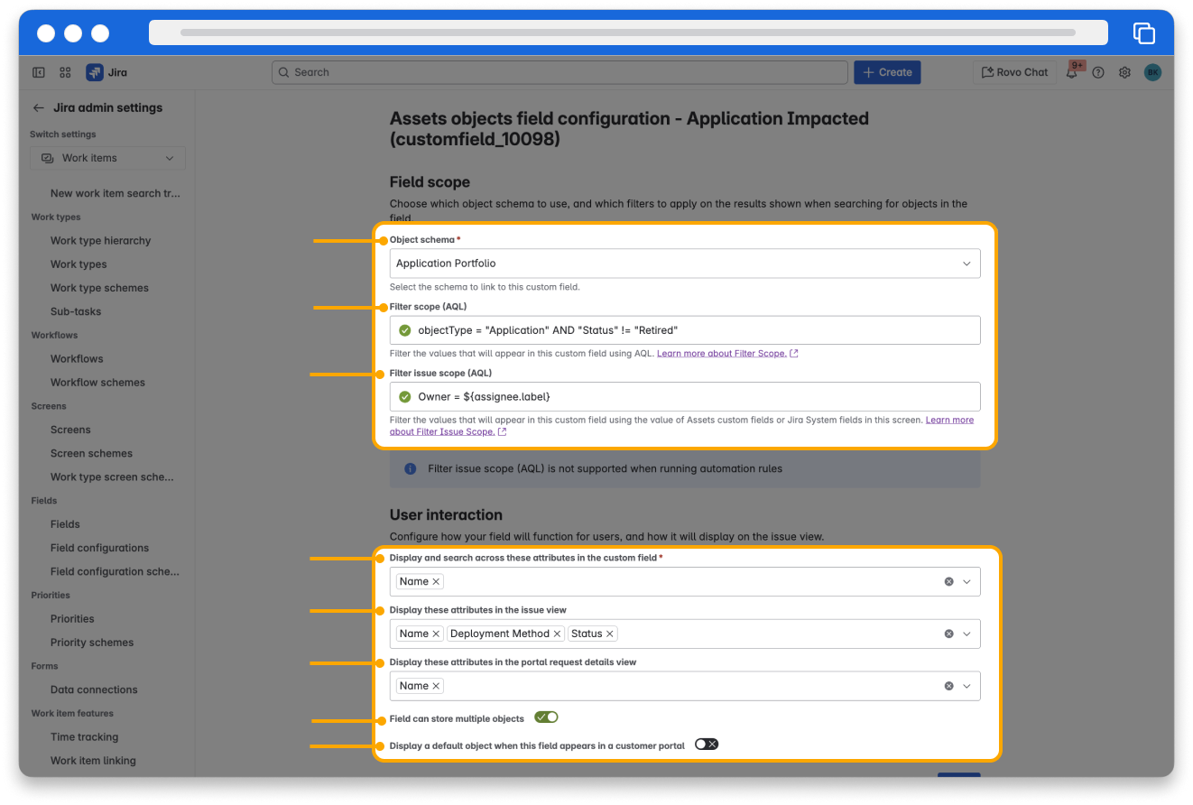The Assets field configuration screen in Assets.