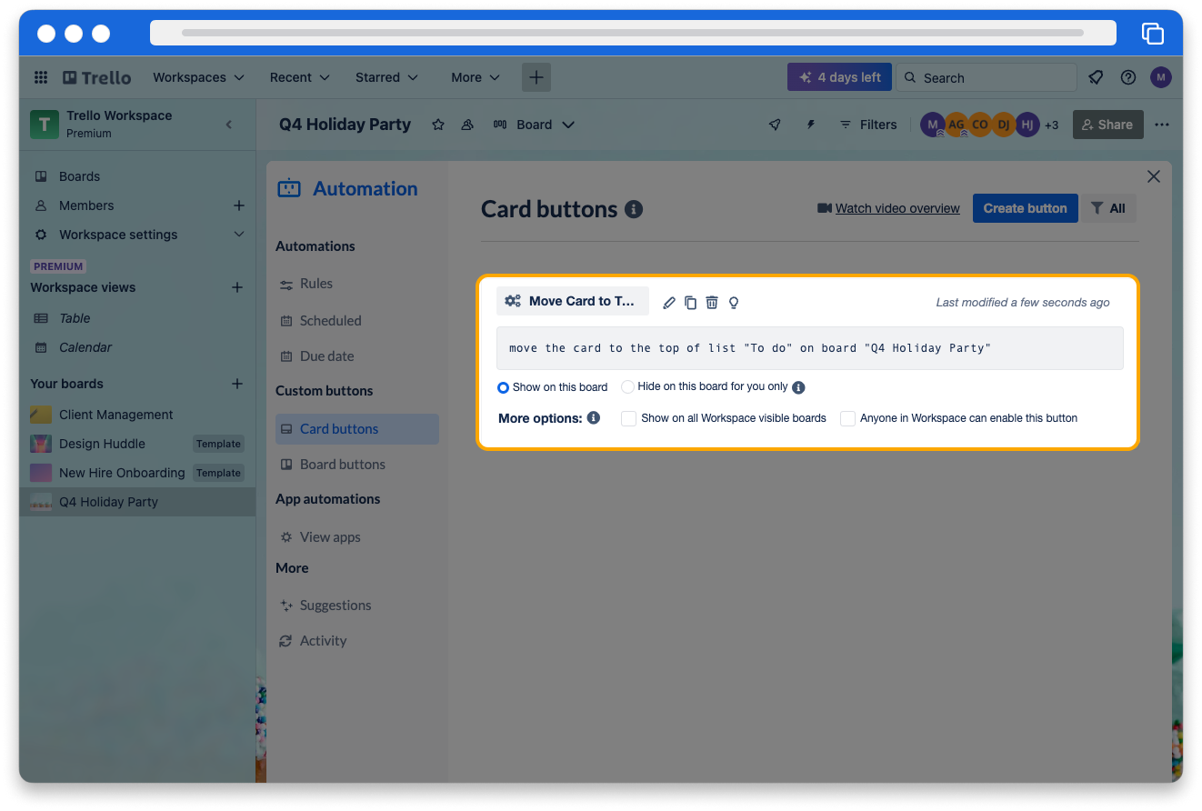 A screenshot of the Card Buttons page in board Automations. The rule “move the card to the top of list “To Do” on board “Q4 Holiday Party” is highlighted and titled Move Card to To Do.