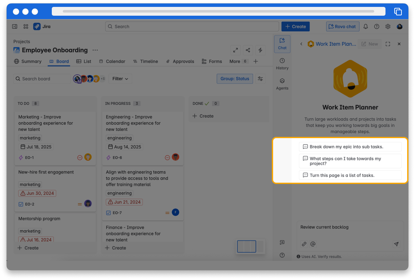 Screenshot of a Rovo Agent window showing conversation starters for the Jira Release Notes agent, including "Create release notes for my project"