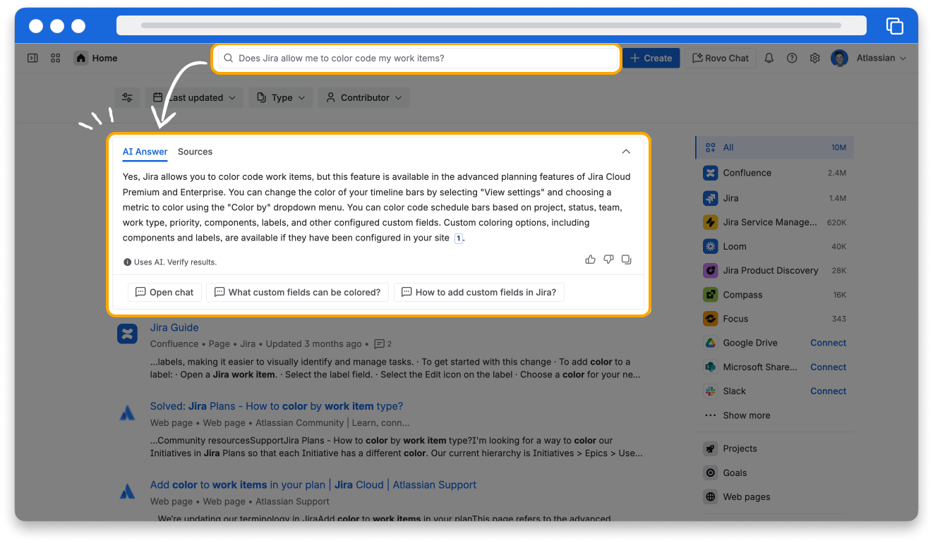 A screenshot of a user searching "Does jira allow me to color code my work items?" and Rovo answering with additional product information.