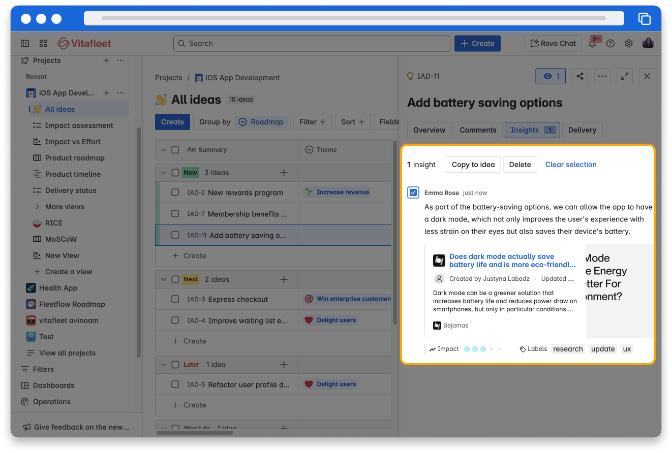 The All ideas view in the iOS App Development project is displayed with the ideas panel on the right side of the screen, open on the Insights tab. The insight is highlighted, showing how, when checked, a 'Copy to idea' button appears above the insight.
