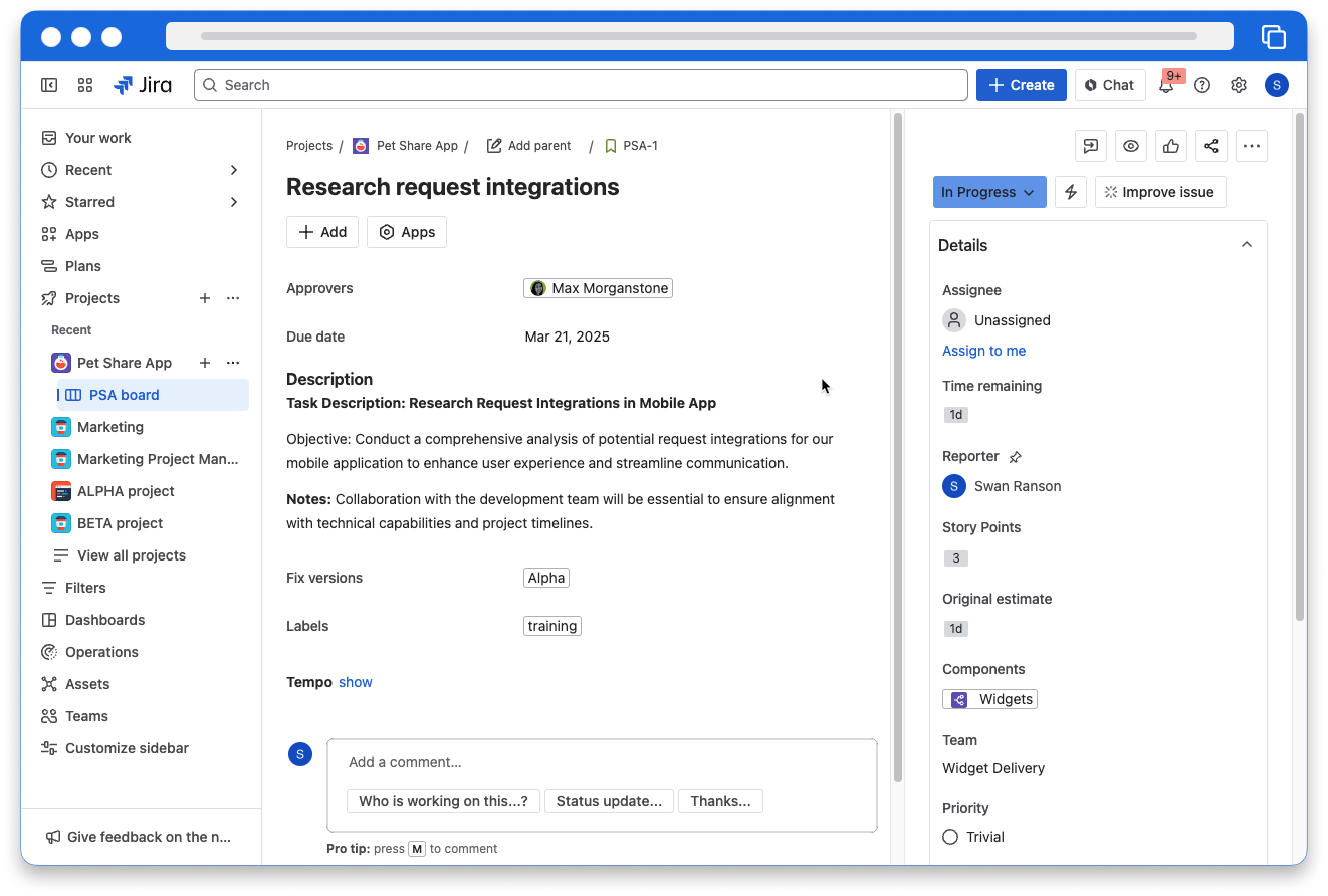 Screenshot of Jira showing the issue detail view with information about an existing issue, like Description and Assignee
