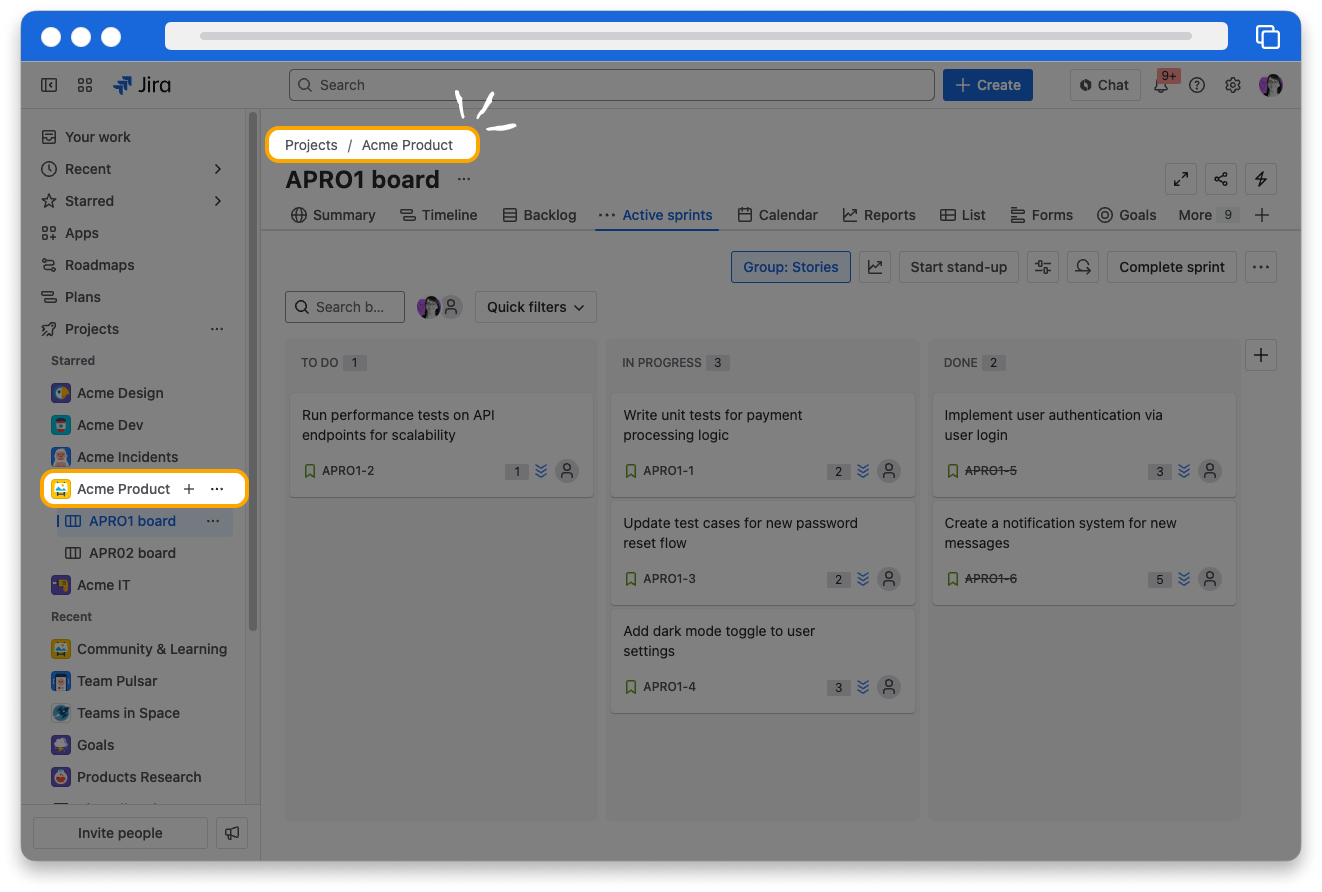 Screenshot of a Jira kanban board. The project name is highlighted.