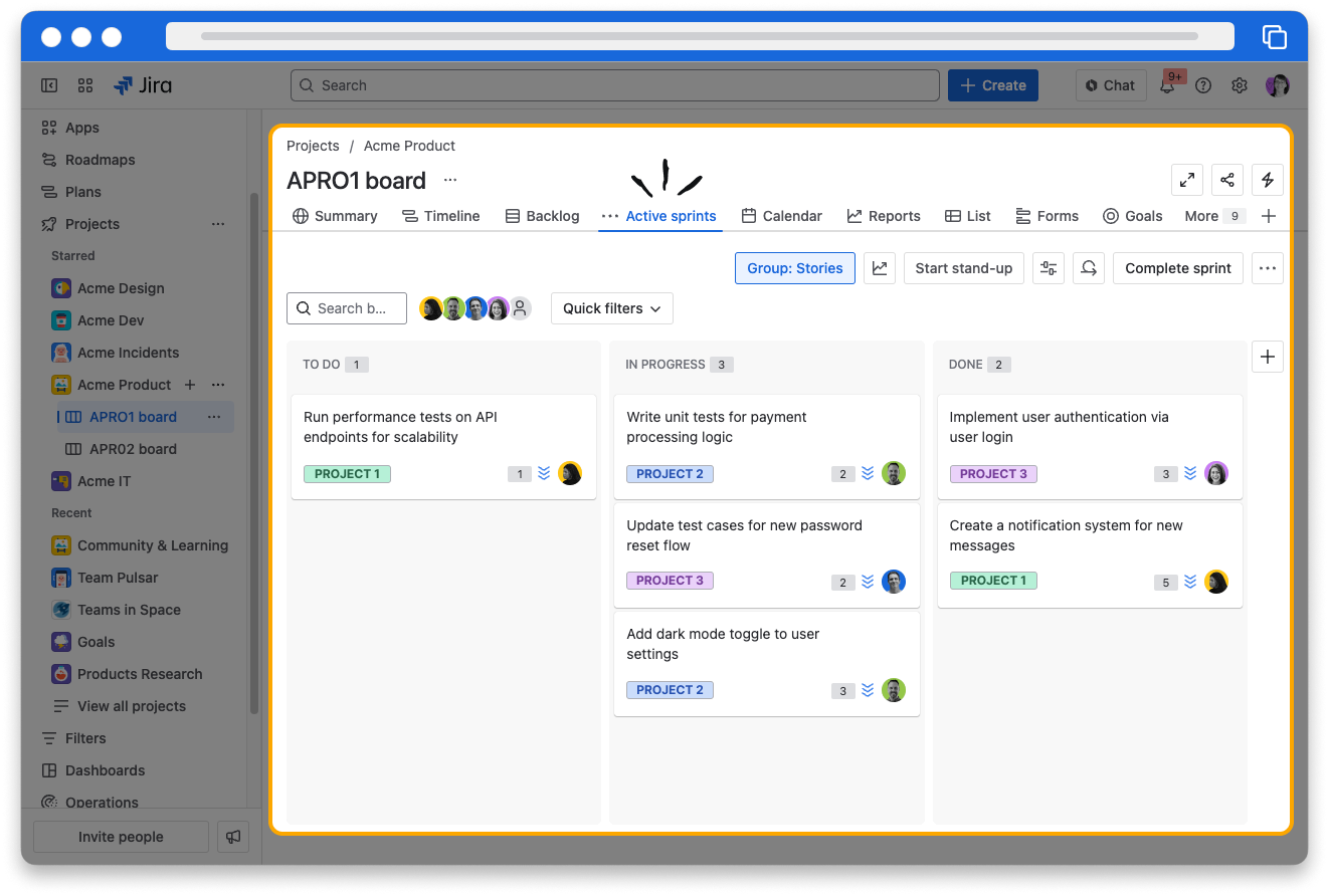Screenshot of a Jira scrum board. The center of the board and the Active Sprints button in the top navigation panel are highlighted.