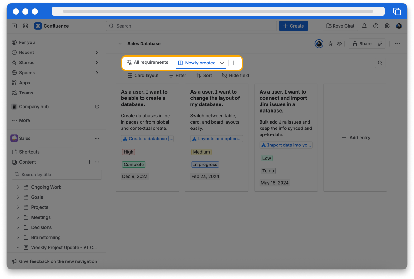 Screenshot of Confluence showing the different saved views available above a database.