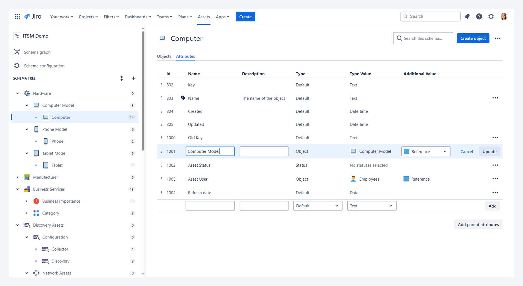 The ITSM Demo schema is shown with the Computer object selected in the Attribute view. A new attribute, Computer Model, is being added to the object attributes.