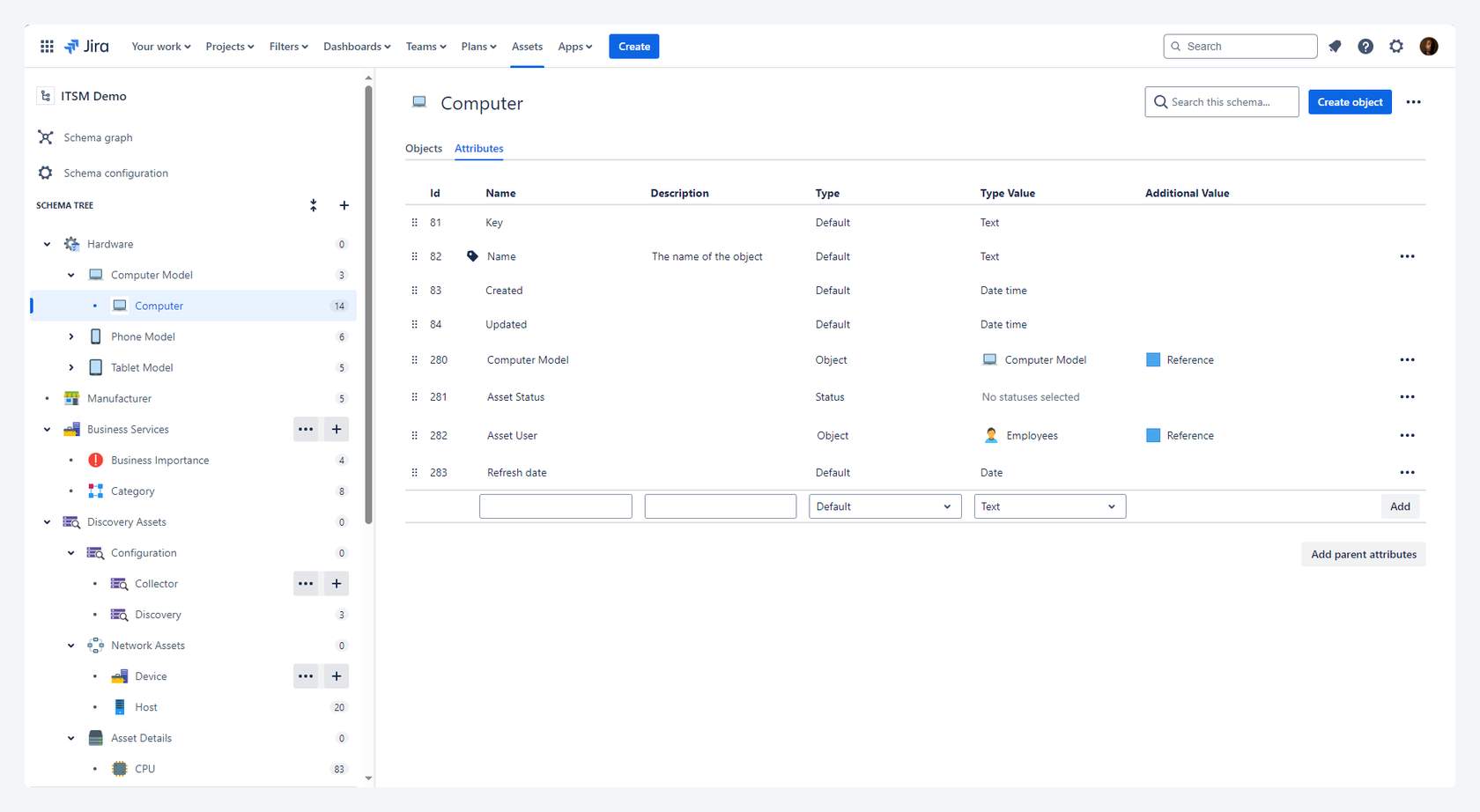 The Computer object type screen. The Attributes tab is selected.