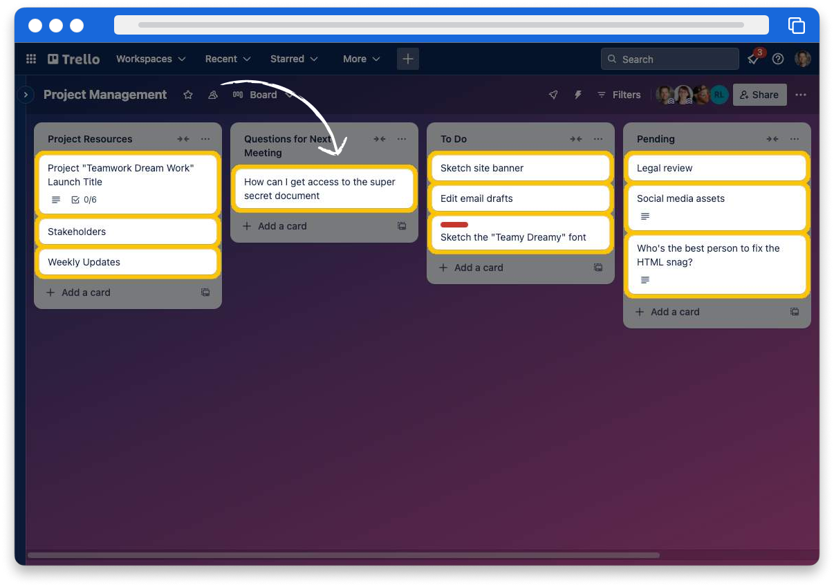 A Trello board screenshot highlighting multiple cards within four lists.