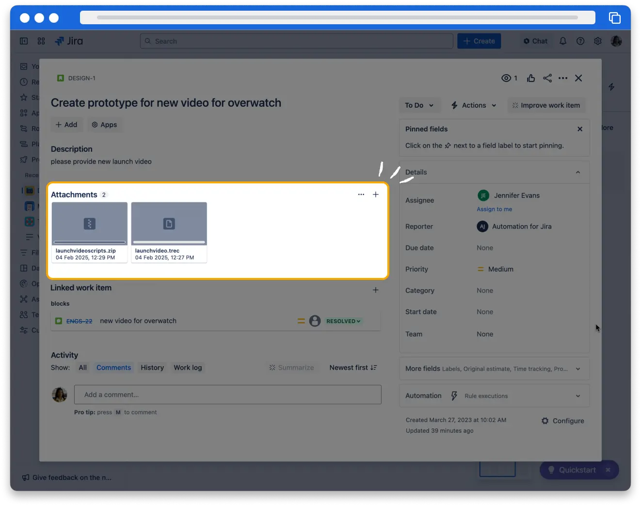 The work item detail view in Jira. There are two attachments in the attachments section.