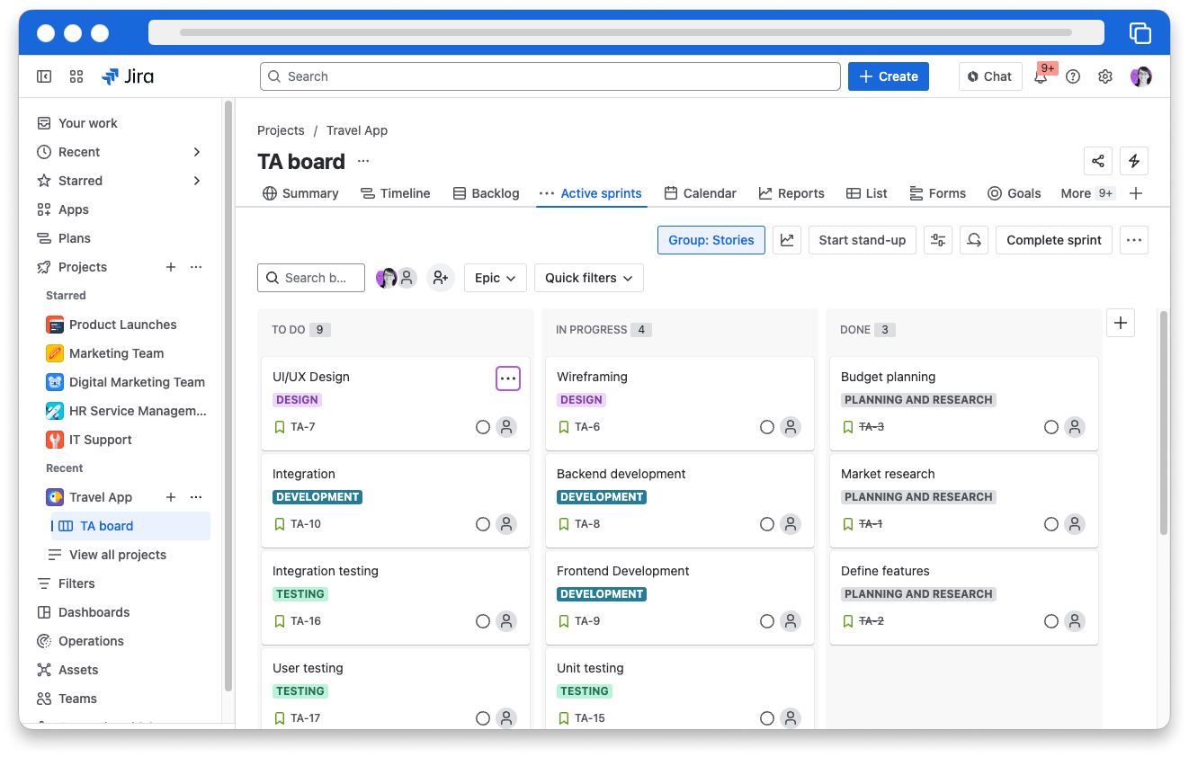 A kanban board in Jira. There are three columns: To Do, In Progress, and Done.
