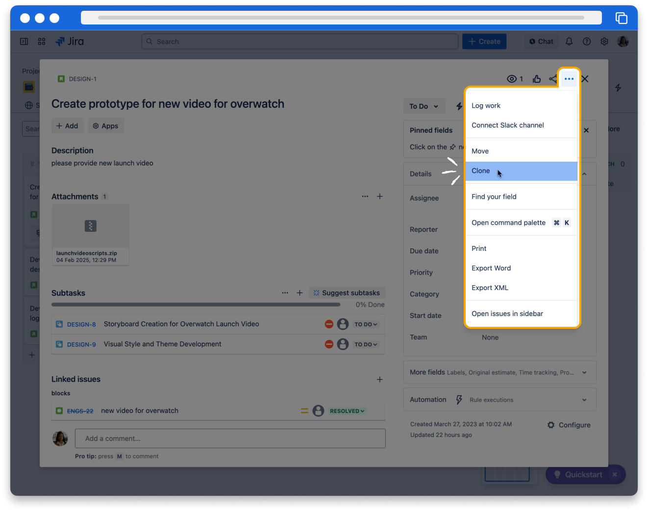 A Jira issue. The "more actions" menu is highlighted and "clone" is selected in a list of actions.