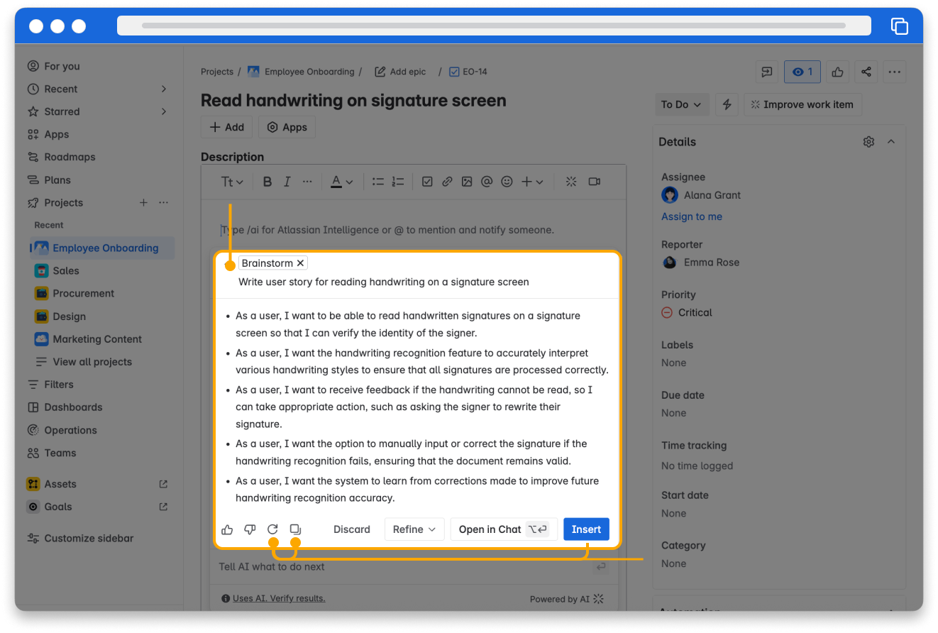 Results generated by AI for brainstorming a user story details are displayed.