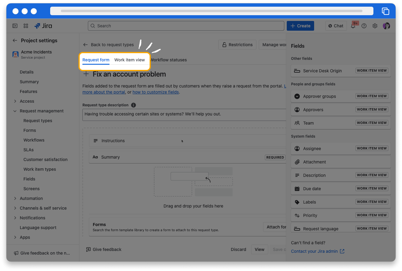 Screenshot of Jira showing the Request types area of project settings, with the Request form and Work item view tabs highlighted