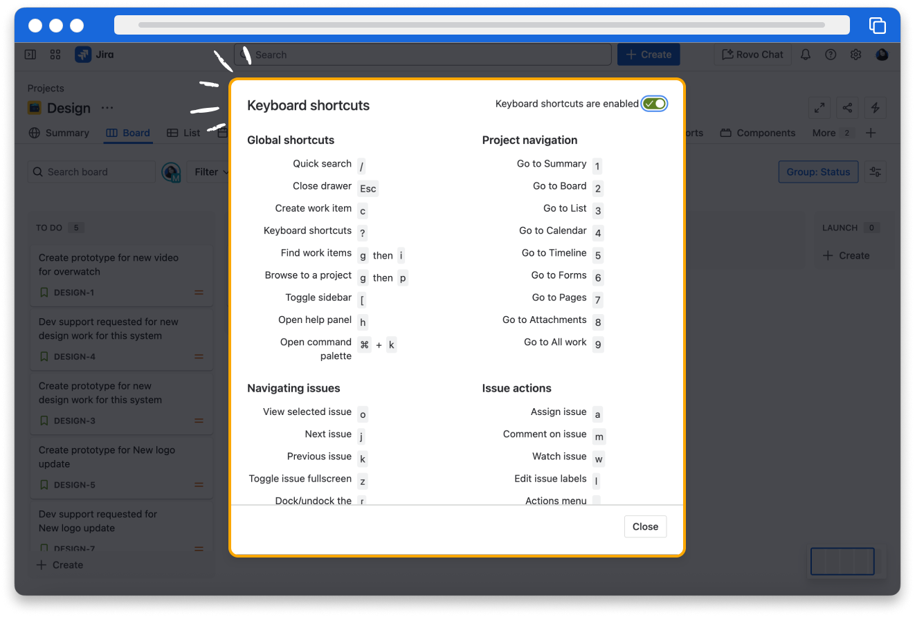 Screenshot of Jira Software with a pop up display showing all the keyboard shortcuts by clicking on the question mark icon in the top right hand of the navigation menu.