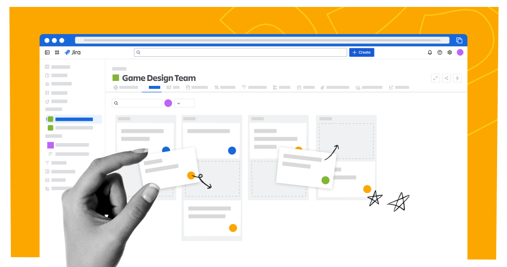 An image showing a user moving work items on a board titled "Game Design Team"