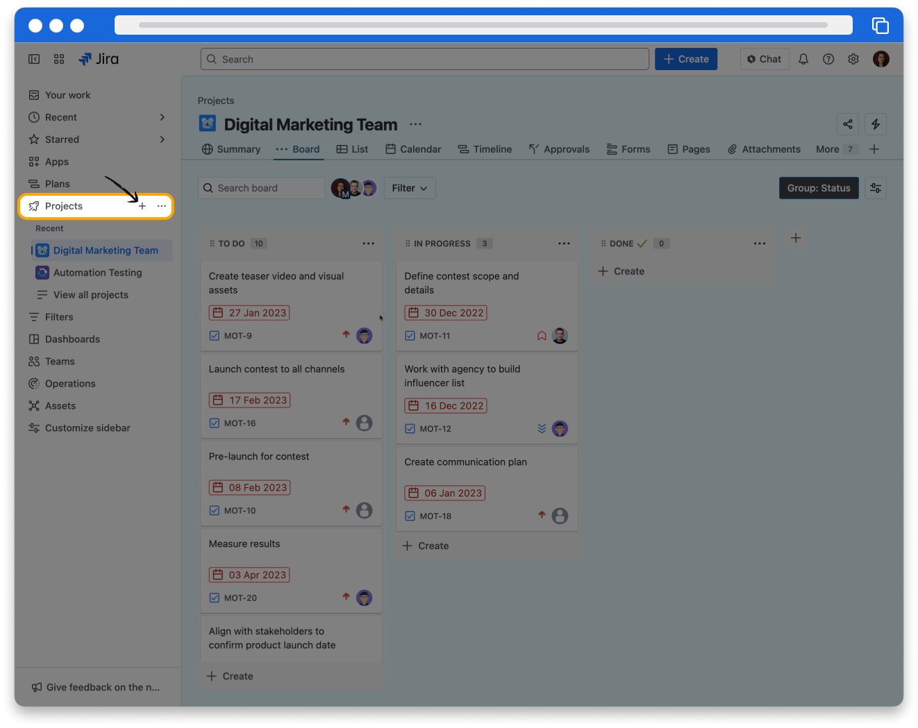 Screenshot of Jira showing the Projects button in the navigation bar selected and the Create project option highlighted