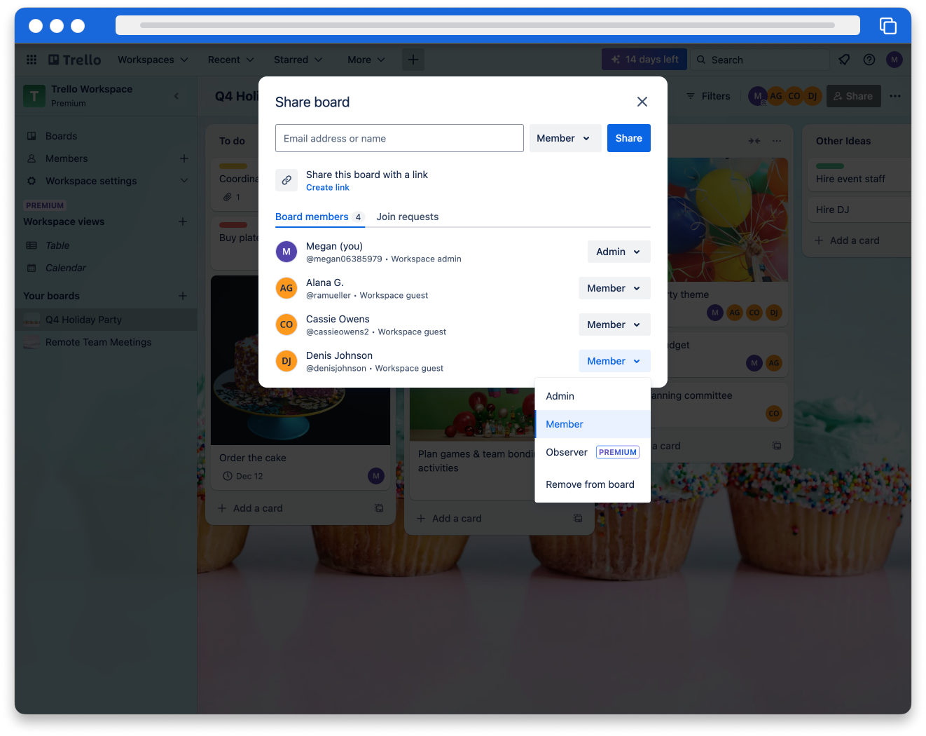 The board sharing screen showing the dropdown options for board member roles.