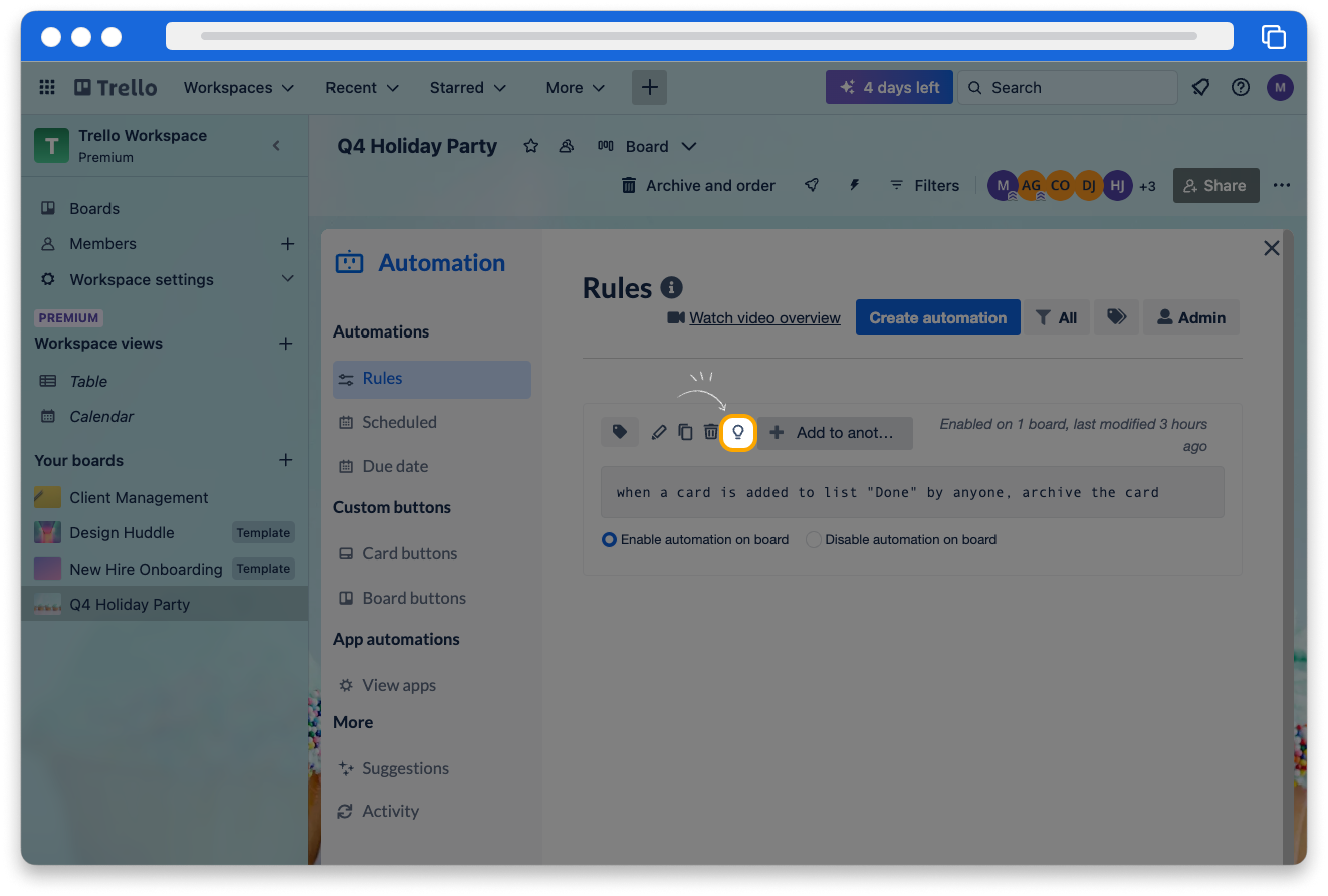 A screenshot of a created automation rule. The light bulb icon above the rule is highlighted.