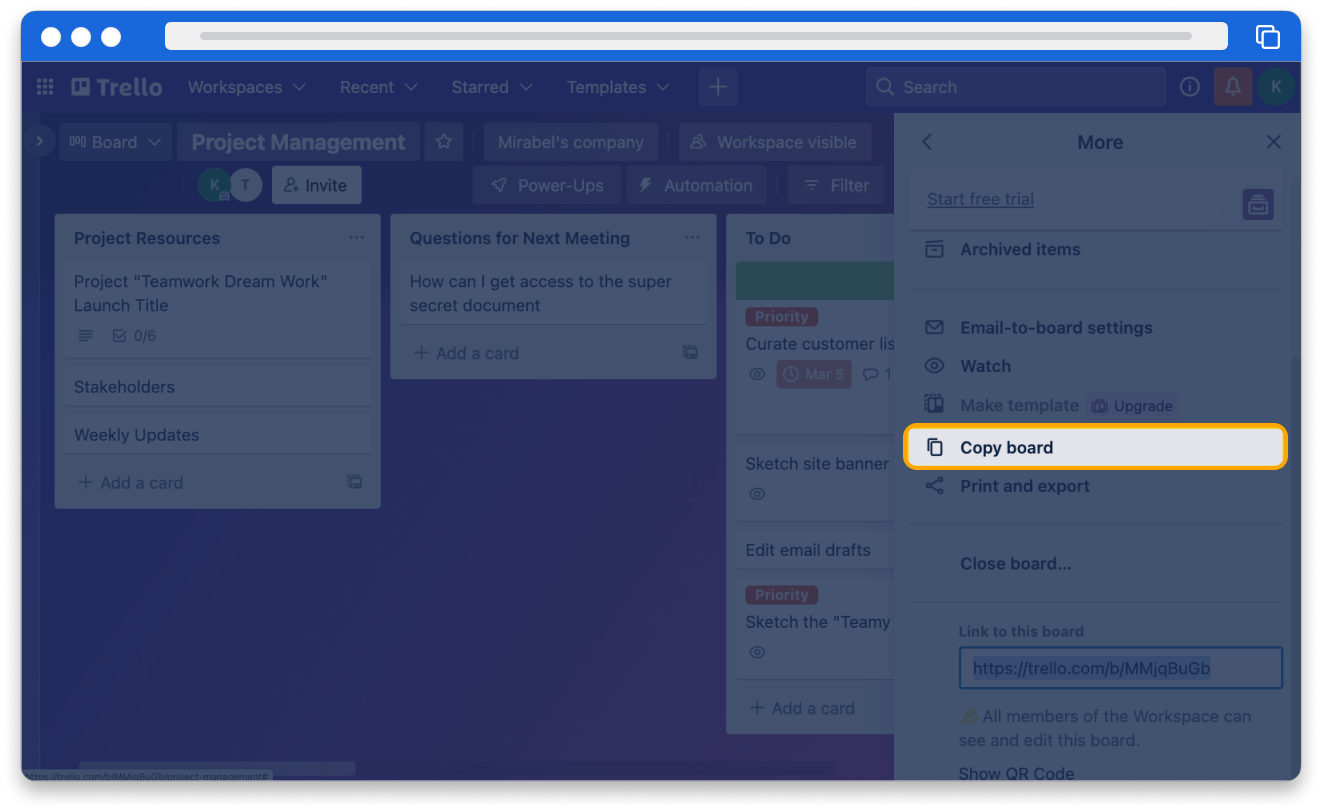 Screenshot of Trello with the More actions menu for the board highlighting Copy board