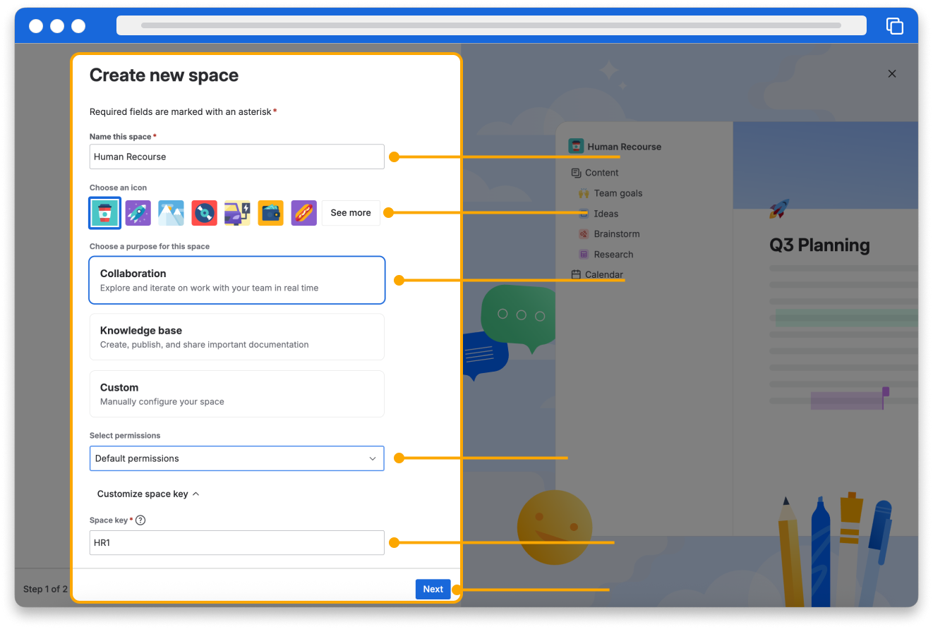 The create new space screen in Confluence. Several settings are highlighted on the page.