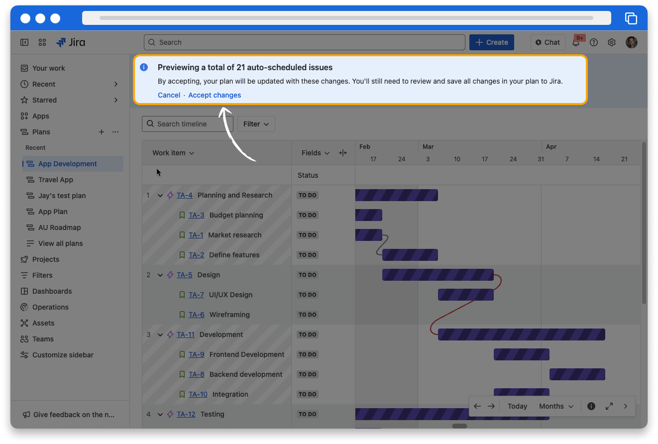 A Jira plan with work automatically scheduled. The "Accept changes" link is highlighted at the top of the page.