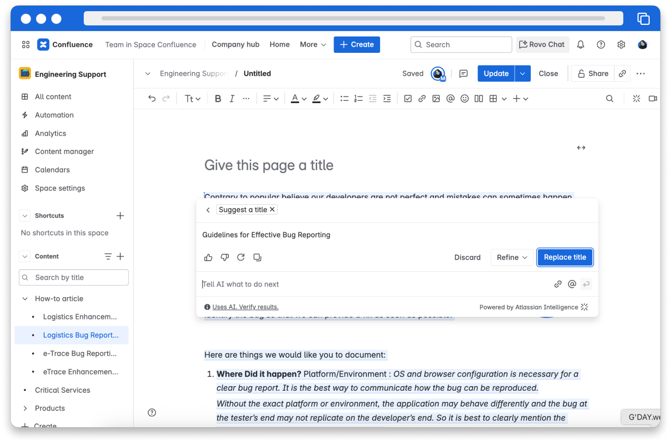 A title-less page in Confluence. The AI prompt “Suggest a title” is selected and generates a title for the page based on the content of the page.