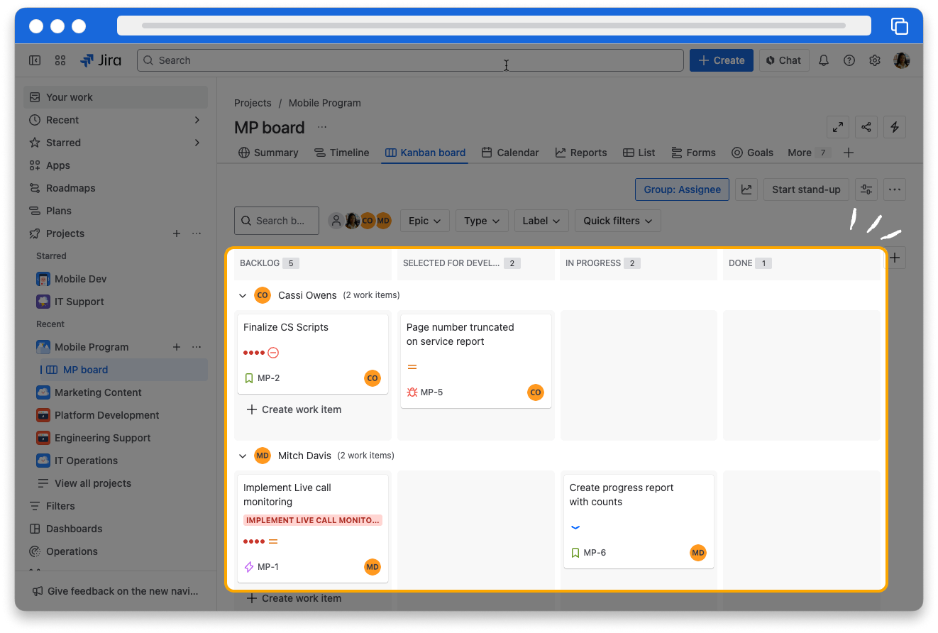 A kanban board in Jira. Two swimlanes are visible. The top swimlane is for assignee Alana Grant. Below is another swimlane for assignee Ryan Lee. 
