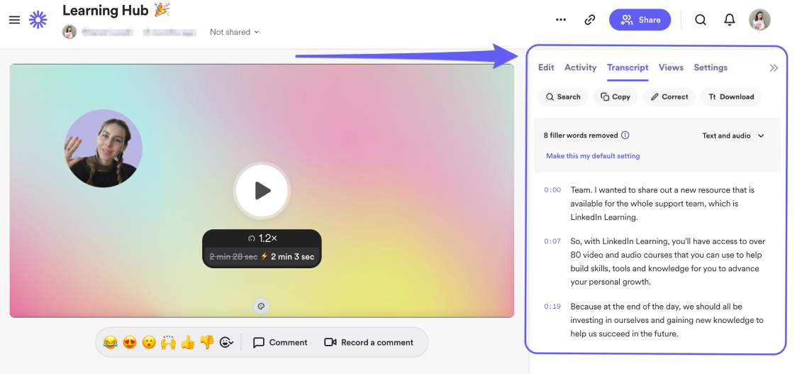 On the left, a Loom video is shown. On the right, the Transcript tab is open displaying the options to search, copy, correct, and download the transcript.