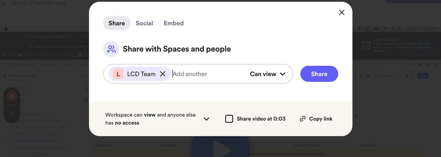The Share tab in sharing options is displayed with the space LCD Team added with Can View permissions.