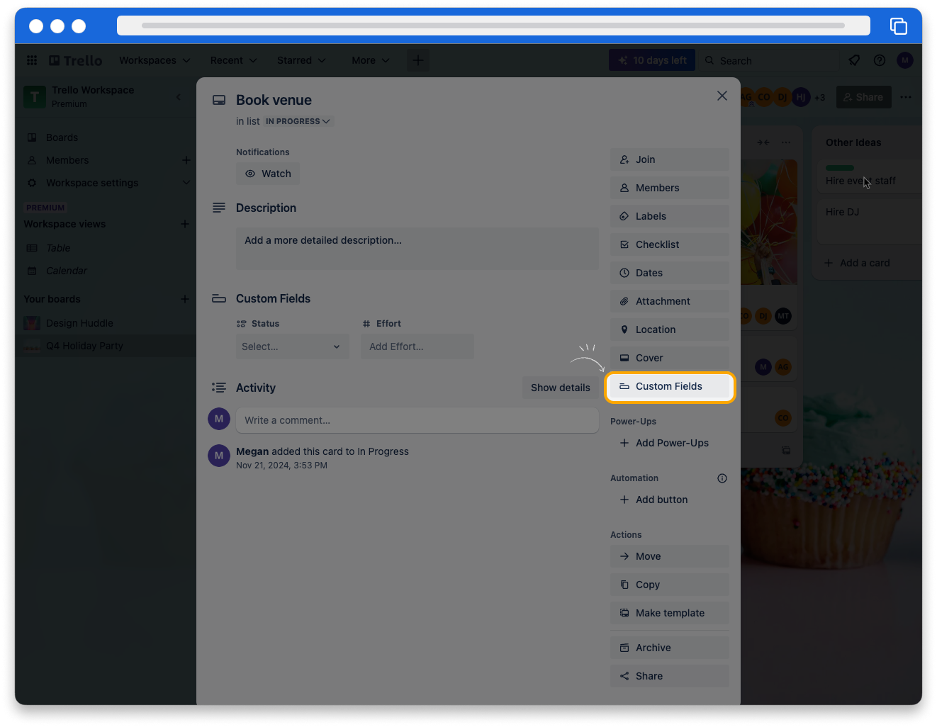 A screenshot of the back of a Trello card titled Book venue. The option for Custom Fields is highlighted on the right side of the card.