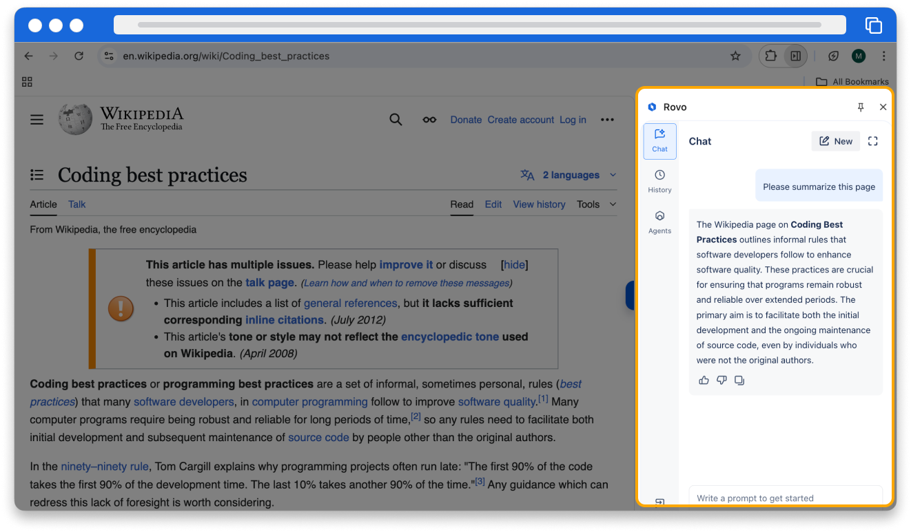 Screenshot of Rovo Chat showing the Chrome extension open on the Wikipedia page for Coding best practices. Rovo Chat was asked to summarize this page and provided a summary.