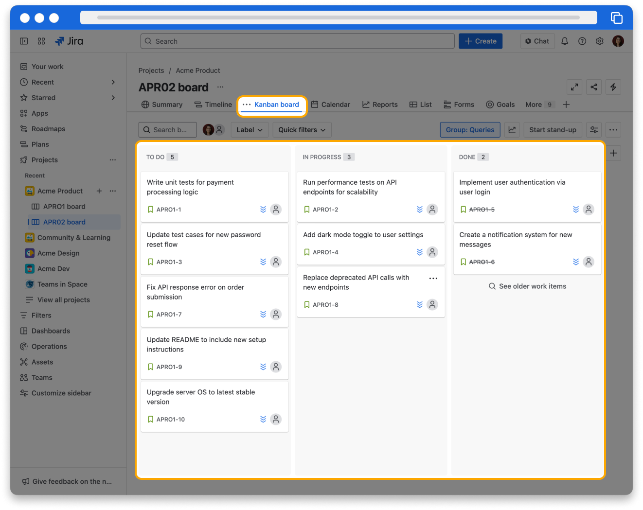 Screenshot of Jira showing a kanban board with three columns, To Do, In Progress, and Done