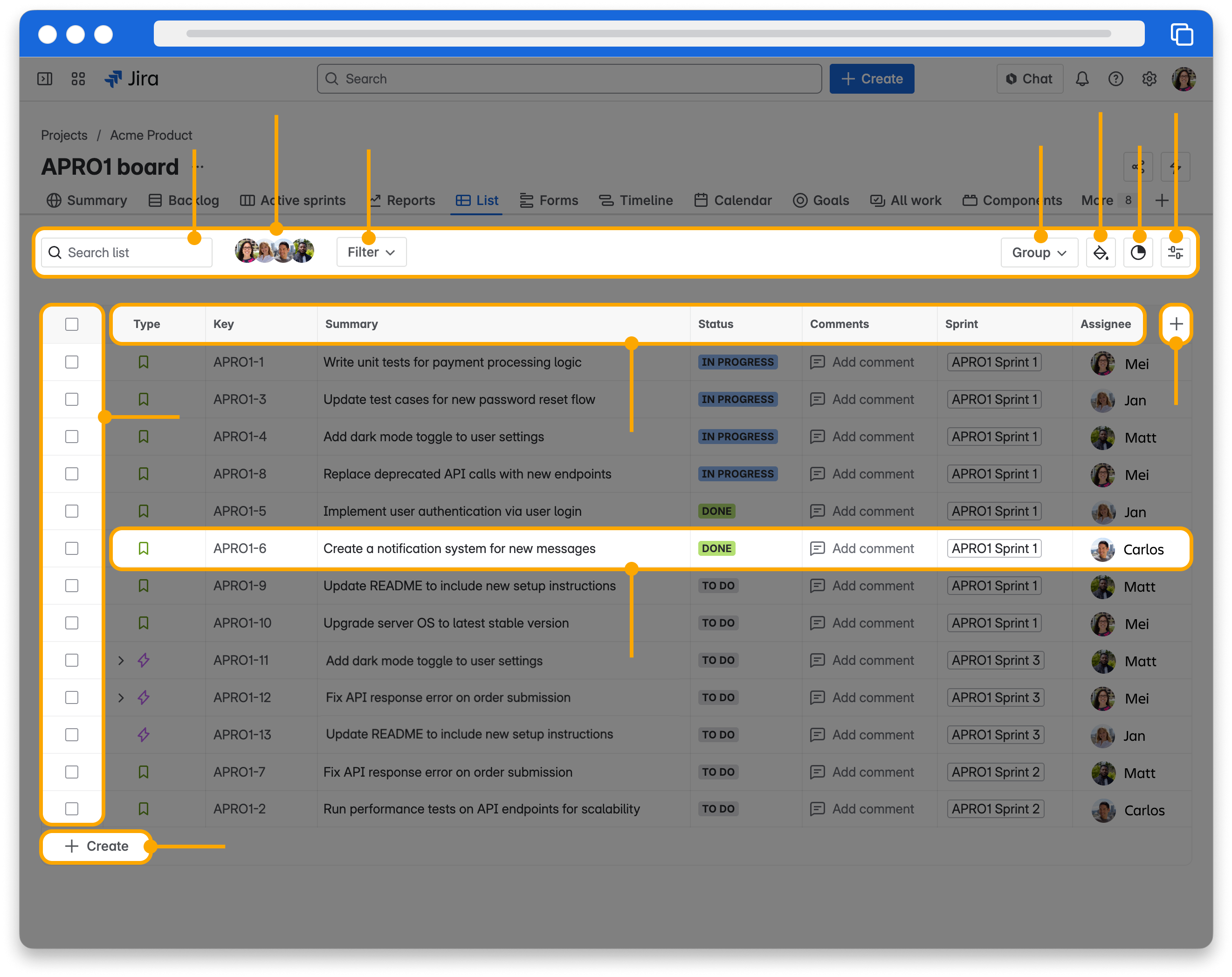 Screenshot of the List view
