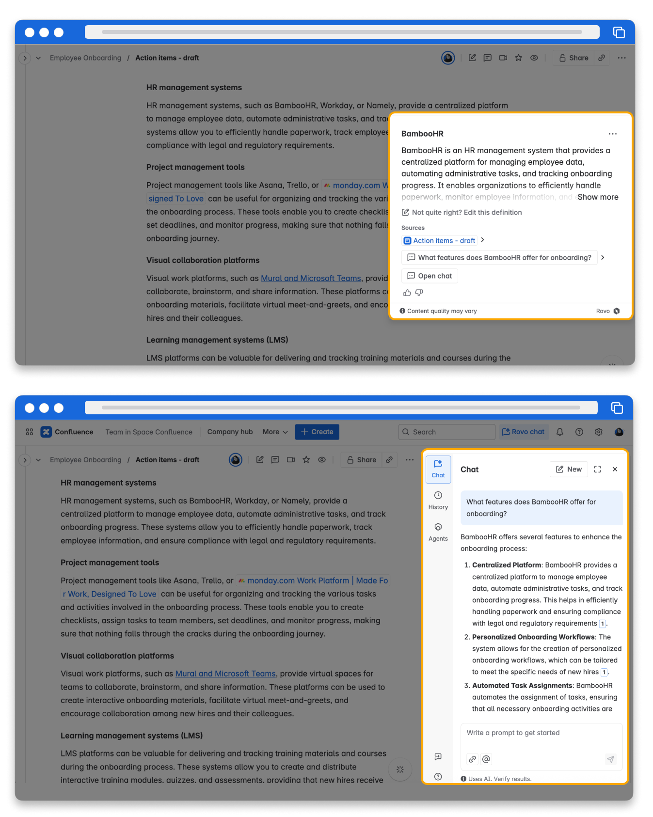 Screenshots of an unhighlighted term and a user discussing it with a Rovo Chat agent