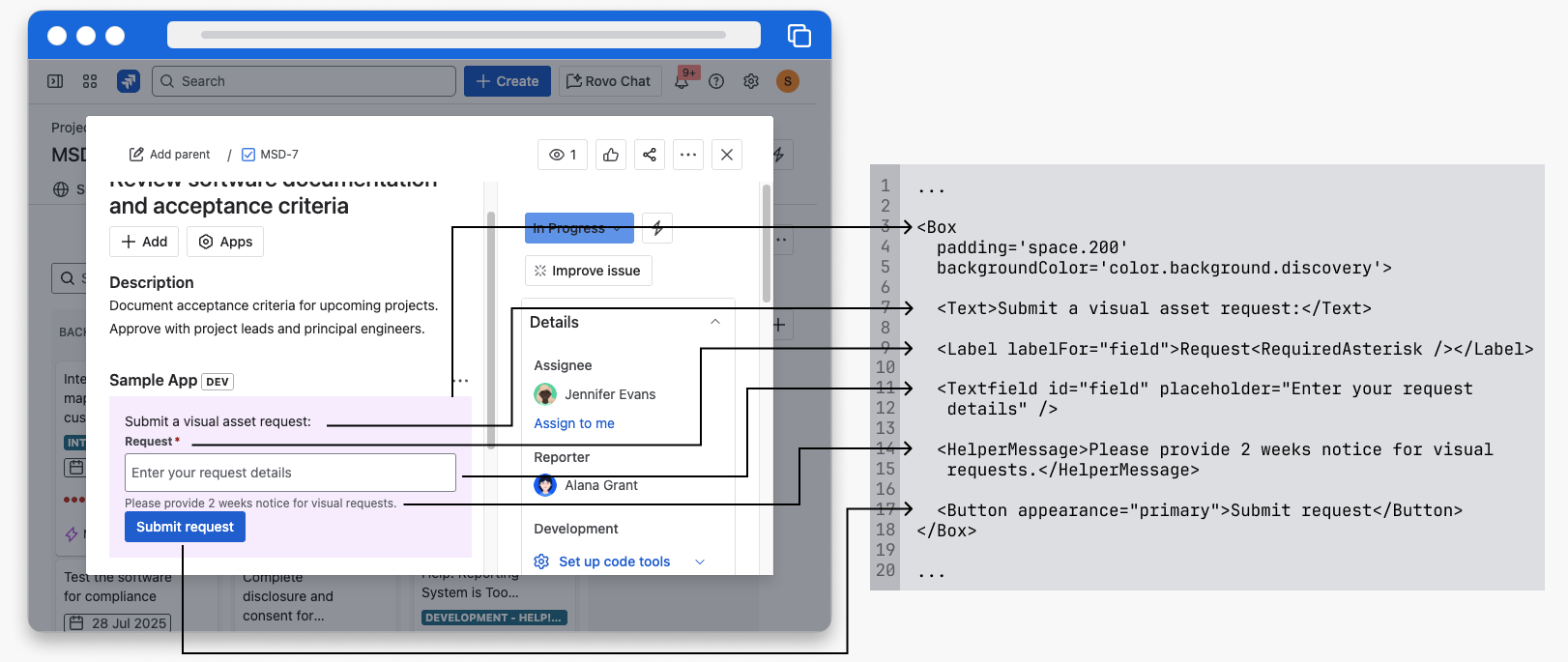 A screenshot of UI Kit elements and their corresponding code