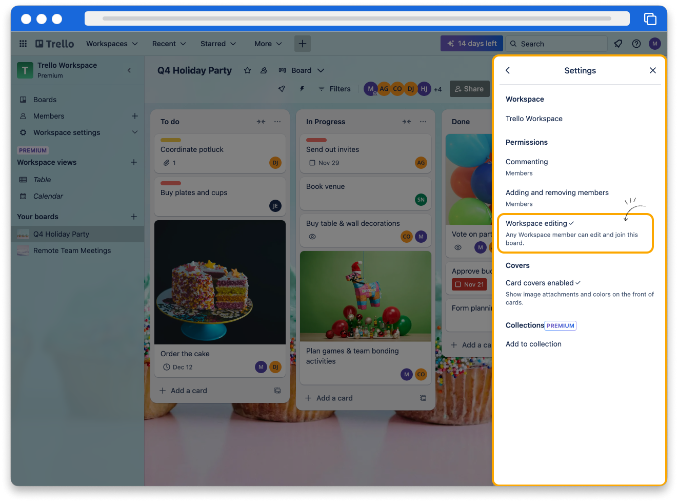A screenshot of the Workspace editing option toggled on within the board Settings menu