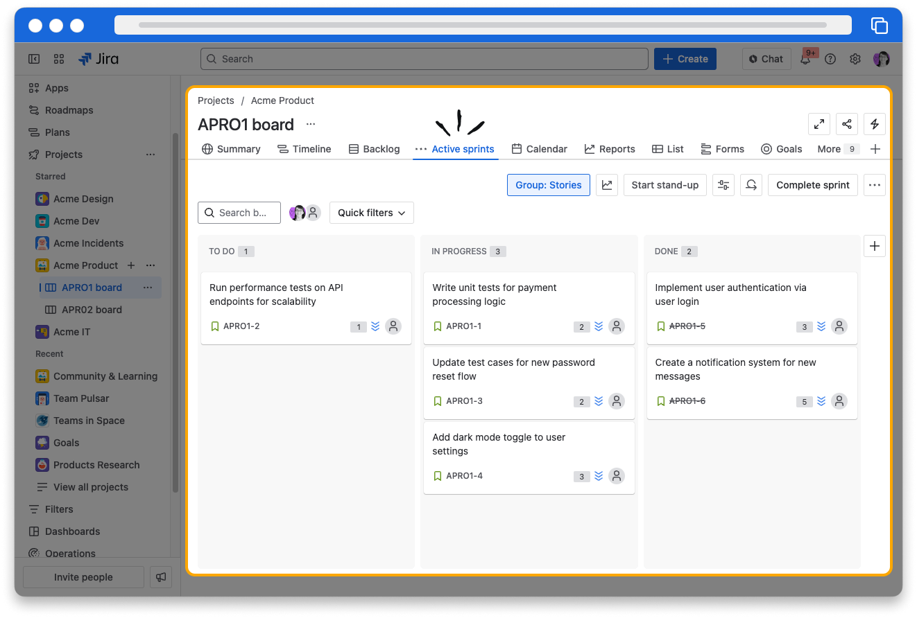 Screenshot of a Jira scrum board. The center of the board and the Active Sprints button in the left navigation panel are highlighted.