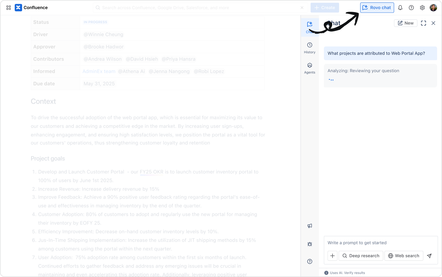 Rovo chat CTA in upper right hand corner of Confluence