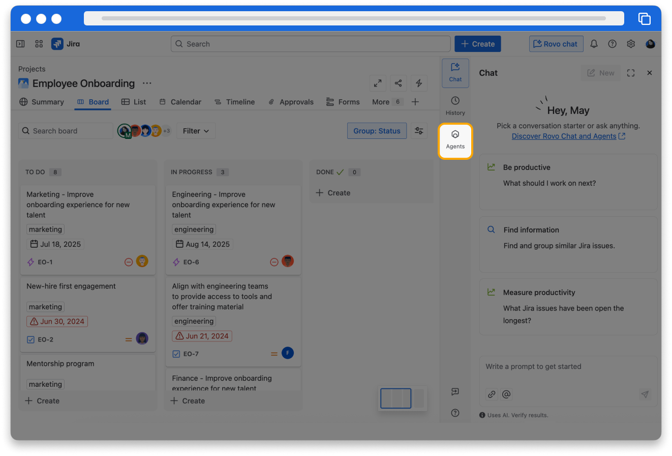 Screenshot of Rovo Chat showing the Chat options with Browse agents highlighted.