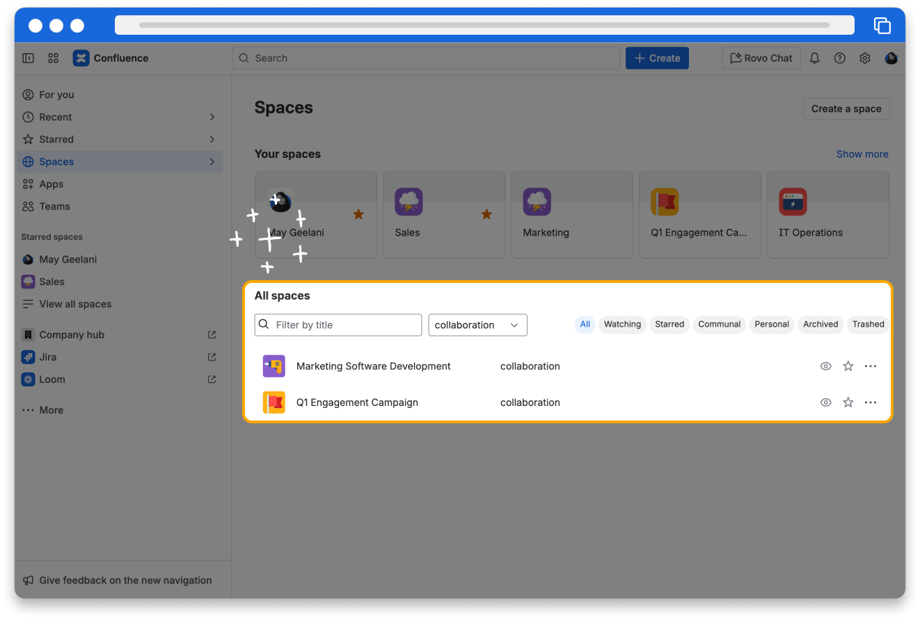 A Confluence page showing multiple spaces with labels.