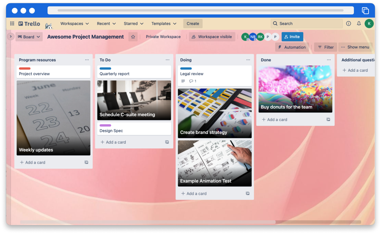 Screenshot of a Trello board showing images as the covers for cards