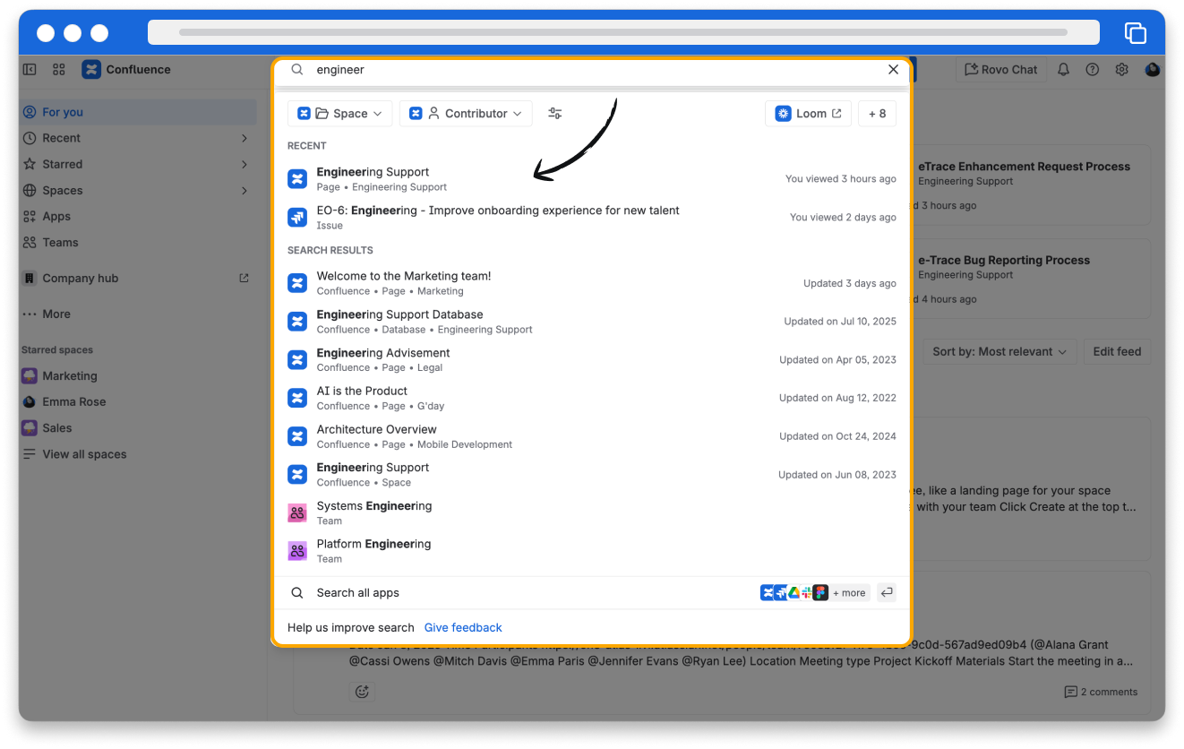 A Rovo search showing results that includes related Jira tickets, Confluence documents, and more.