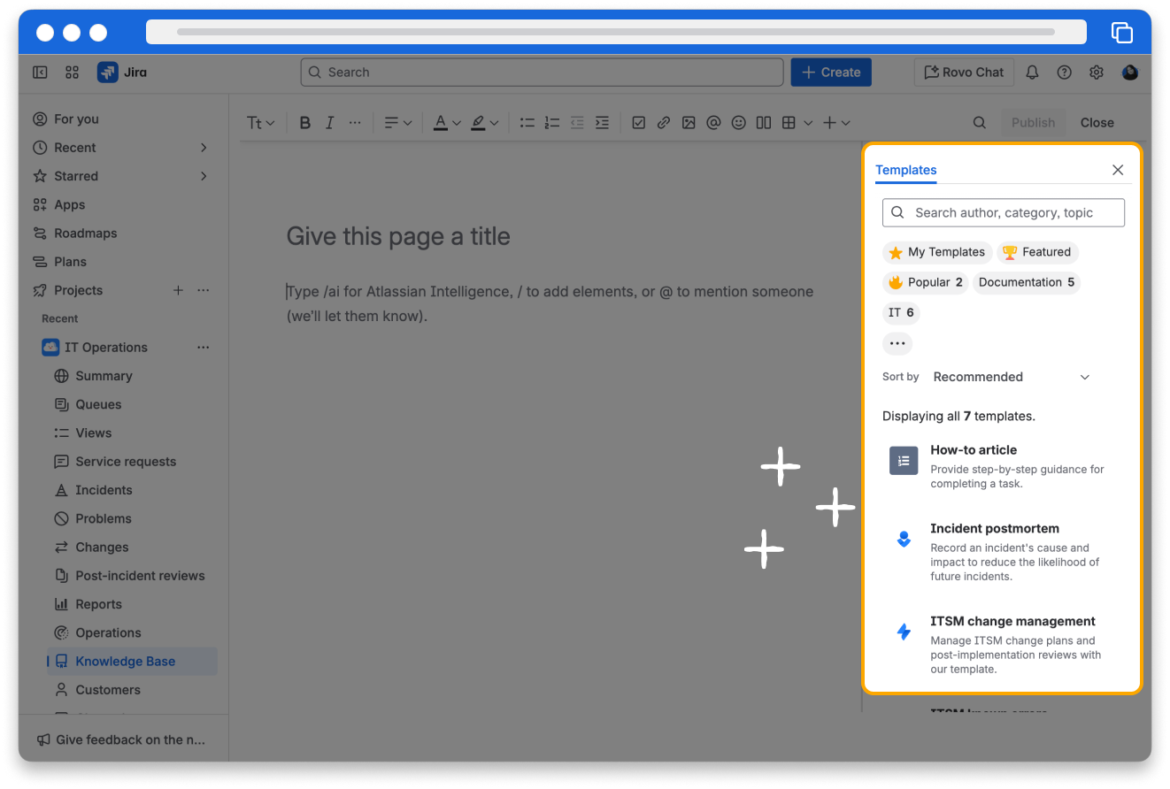 Confluence screenshot displaying a knowledge base document and a side panel with various templates, including How-to article, Troubleshooting article, and Incident postmortem.