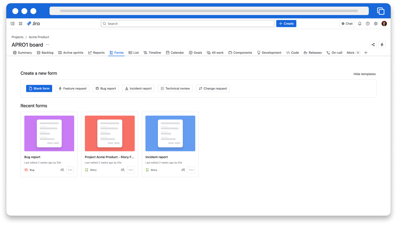 Screenshot of Jira showing the Forms section of a project with three forms visible